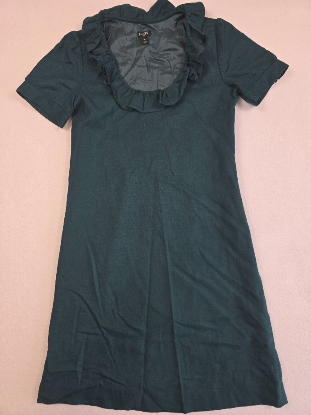 J Crew Wool Blend Dress Dark Green Ruffled Neck Short Sleeve Cocktail Size 00